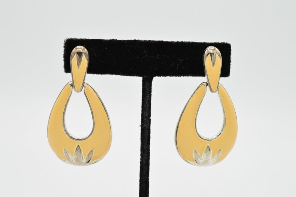 TAT Vintage Dangle Earrings Peachy Enamel Door Knocker Signed 1980s Bin1
